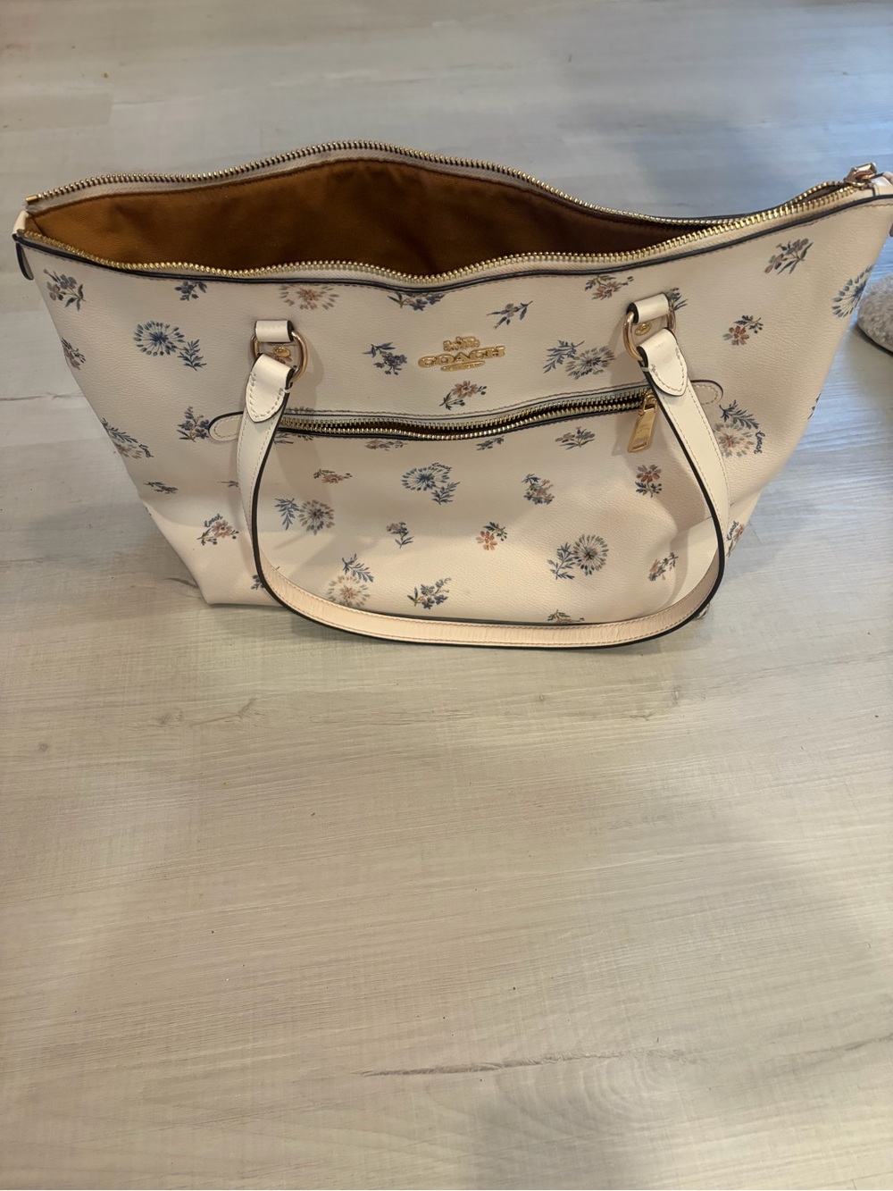 Coach Cream Leather Floral-Print Tote with Gold Hardware